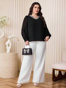 Modelyn Plus Size Women V-Neck Rhinestone Decor Casual Versatile Daily Wear Blouse Gym Brown Autumn - Black - View 7