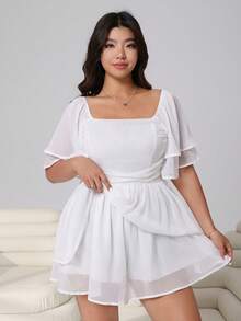 Solflare Plus Size Women Solid Color Square Neck Ruffle Short Sleeve Casual Jumpsuit - White - View 4