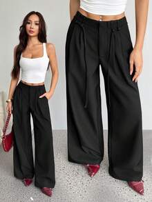 SHEIN PETITE 春夏女装浪漫/舞会/正式/生日/90年代/商务休闲/优雅/西式/外出/时尚/休闲/千禧年/夜店/办公室/鸡尾酒会/复古/紧身/锐舞音乐节/趣味/优雅/老钱/街头风/度假/乡村音乐会/工作/端庄/春假/单身派对/演唱会/酷炫/基础款/毕业/低腰/宽松/阔腿裤 - 黑色 - 查看 2