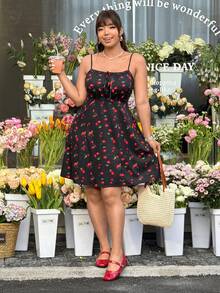 GalTyme Plus Size Women's Spring/Summer Cherry Print Twist Design Ruched Casual Party Slip Dress - Multicolor - View 5