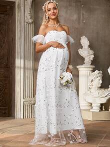 SHEIN 孕妇植物刺绣装饰露肩优雅连衣裙 - 白色 - 查看 4