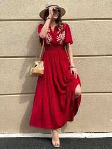 Solivie Women's Long Embroidered Dress, Red Elegant Vacation Dress, Spring/Summer Summer Dress Vacation Outfits Women Floral Dress Red Elegant Dress Women Embroidered Dresses For Women Red Casual Dress Women's Maxi Dress Wedding Guest Dress Birthday Dresses For Women Floral Dress Red Dress Boho Red Dress Red Casual Maxi Dress Elegant Red Dress For Women  Summer Vacation Outfits Women Going Out Outfits - Red - View 4