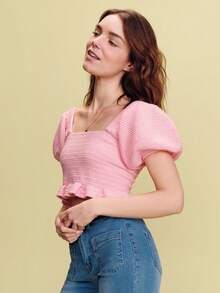 lacRébo Pink Crocheted Square Neckline Top With Short Puff Sleeves, Tied At The Back, For Spring And Summer Spring Summer French Style Parisian Style - Pink - View 4
