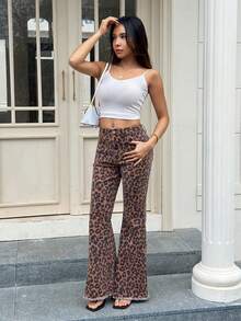 Livesso Fashionable Leopard Print Slim Fit Flare Leg Women Jeans - Brown - View 5