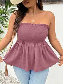 SHEIN Frenchy Top bandeau con volantes de unicolor para mujer de talla grande - Rosa coral - Ver 5