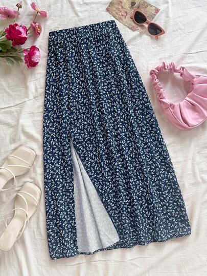 Soleia Falda casual con abertura en el bajo y estampado floral diminuto para mujer