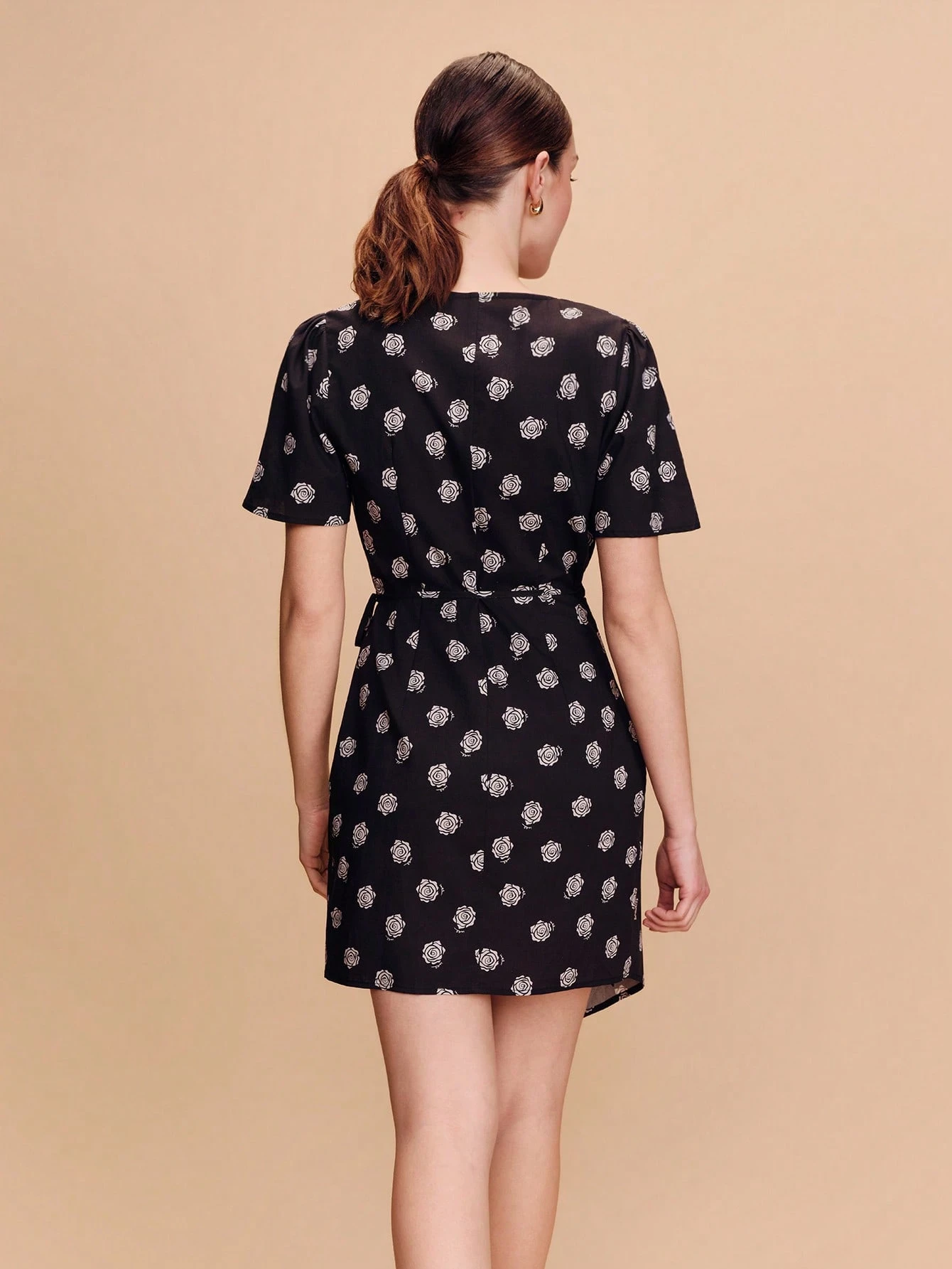 Black Floral-Print Mini Wrap Dress With Short Sleeves Cute Dress Spring Summer French Style Parisian Style Holiday Flower Dress Business Casual Wedding Guest Dress