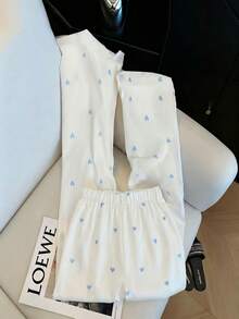 GlowEve Women's Heart Print Drawstring Waist Long Pants - Random Floral Pattern - White - View 2