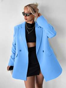 EURMUSE Women's Solid Color Notched Collar Casual Versatile Commuting Long Sleeve Blazer - Baby Blue - View 3