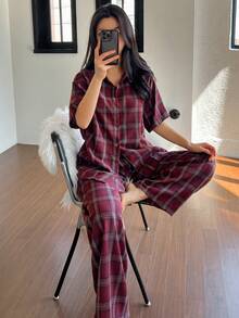 DAZY Bộ đồ ngủ 2 món gồm áo cardigan tay ngắn kẻ caro và quần dài ống rộng cho nữ, thích hợp cho mùa hè. - Màu Đỏ Sâu - Xem 6