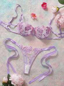 2件套女士天蓝色刺绣蕾丝肩带内衣文胸和内裤套装 - 紫色 - 查看 6