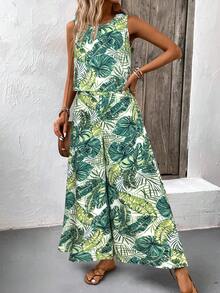 EMERY ROSE 波西米亚风复古印花圆领露脐上衣和阔腿裤，女士夏季沙滩度假两件套 - 彩色 - 查看 4