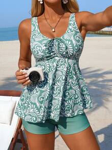 Swim Lushoire Women's Summer Beach Vacation Allover Print Ruched Twist Front Tankinis Swimsuit - Army Green - View 1