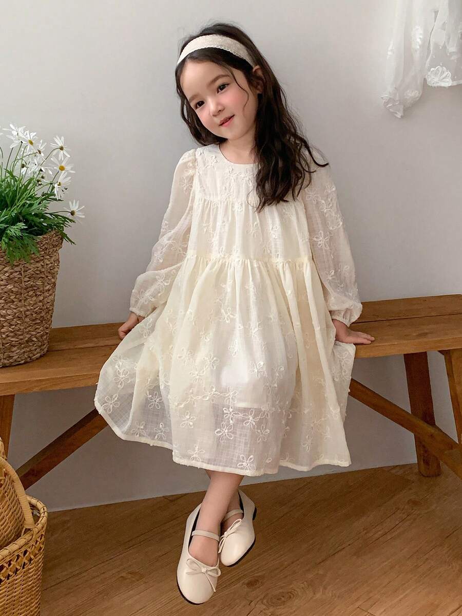 DAZY Đầm mùa hè dễ thương cho bé gái, cổ tròn, tay phồng, thêu họa tiết. - Màu be - Xem 1