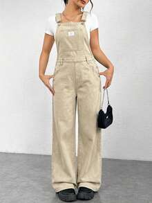 SHEIN EZwear 女士纯色贴袋休闲牛仔背带连体裤 - 卡其色 - 查看 6