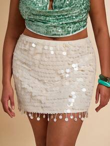 SHEIN BAE Plus Size Women's Semi-Sheer Beach Vacation Crochet Beaded Skirt - White - View 8