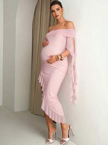 MaterniChic Maternity Clothes Maternity  Dress Summer Pregnant Clothes Pink Maternity Dress Highly Elastic Elegant Irregular Hem, Ribbons - Apricot - View 4