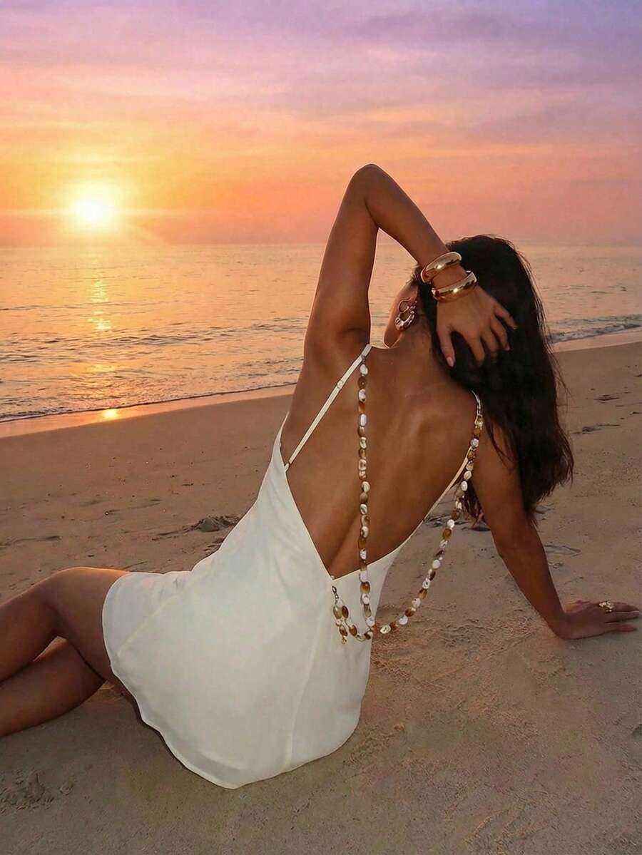 Aloruh Women's Backless Beaded Decor Mini Dress, Vacation - Apricot - View 1
