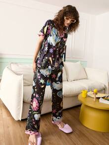 Young Energetic Interesting Floral, Face, Heart, Eye, Moon, Star, Cloud Handpainted Pattern Lapel Cardigan Women Pajama Set - Multicolor - View 3