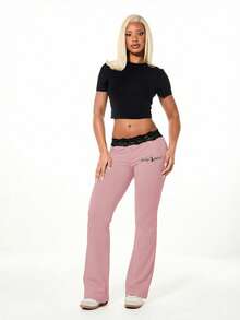 BABYPHAT Quần legging ống loe cạp cao với chi tiết ren ở eo, chất liệu co giãn, thoải mái, phù hợp mặc hàng ngày. - Màu Hồng baby - Xem 6