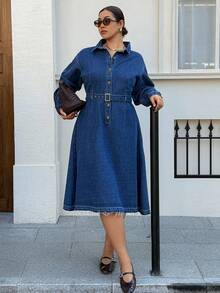 Dazy Plus Vestido midi de mezclilla lavada vintage oscura, vestido de mezclilla de manga larga con cuello y media cartera casual, primavera/otoño - Azul lavado oscuro - Ver 5