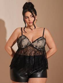 SHEIN BAE Áo hai dây dệt kim xuyên thấu gợi cảm cỡ lớn với ren đen và dây mảnh, họa tiết thực vật, vạt áo bất đối xứng, chiều dài tiêu chuẩn. - màu đen - Xem 5