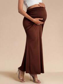 MaterniChic Maternity Summer Pregnant Brown Skirt, Fitted Straight Skirt With Pleats, Elegant - Mocha Brown - View 3