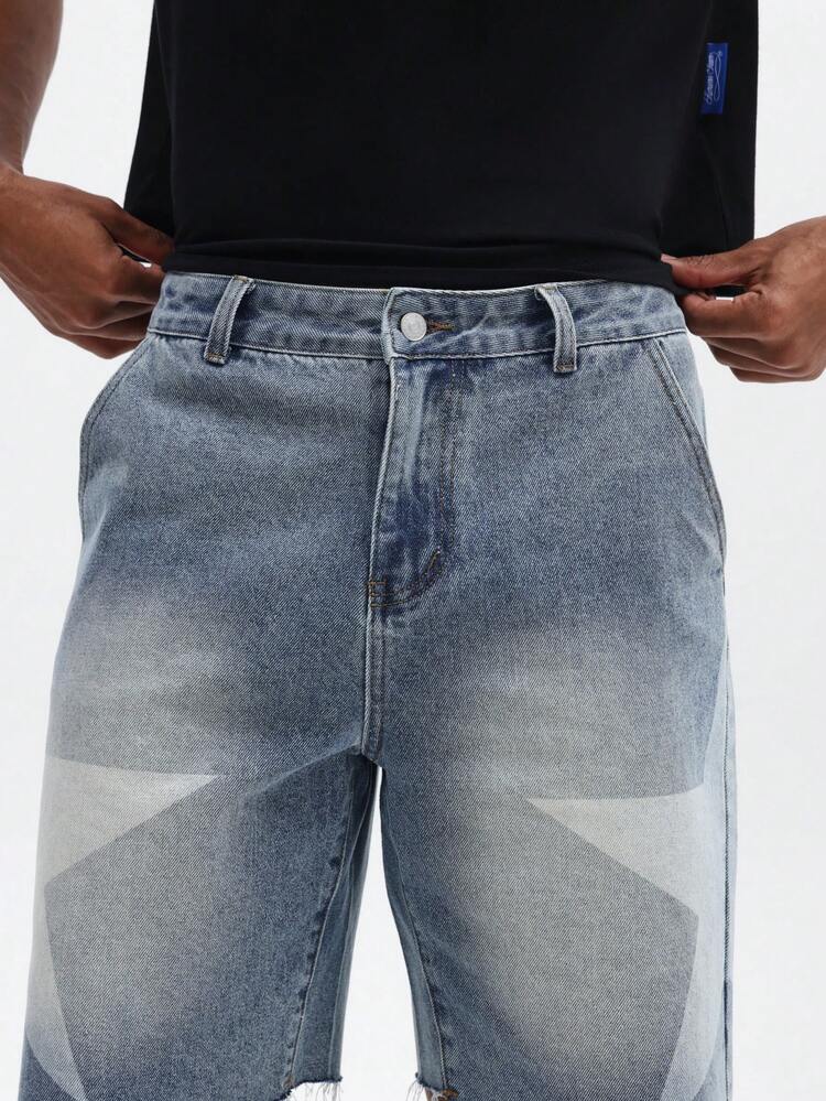 Star Printed Distressed Raw Hem Denim Shorts With Acid Wash Blue Summer Casual Relaxed Fit Streetwear Style
