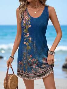 Sylviya Váy tank top họa tiết hoa cổ điển giản dị dành cho nữ, phù hợp cho mùa hè - Màu xanh lam - Xem 4