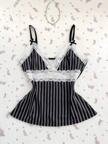 Elamini 夏季性感V领蕾丝条纹拼接镂空吊带背心 - 黑色 - 查看 1