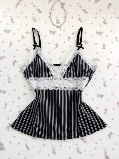 Elamini Camiseta sin tirantes de verano con cuello en V, encaje, rayas y recortes huecos