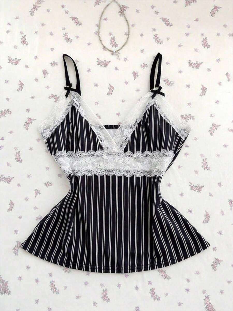 Elamini 夏季性感V领蕾丝条纹拼接镂空吊带背心 - 黑色 - 查看 1