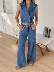 DAZY 女士休闲水洗牛仔背心和阔腿裤套装，春夏款 - 中等水洗藍 - 查看 5