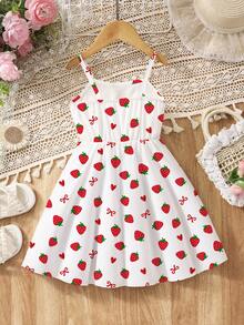 1pc Young Girl Strawberry Bow Knot Pring Cami Dress For Spring Summer Vacation - Multicolor - View 2