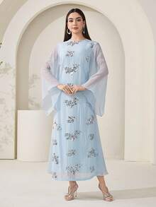 Veilorie 女士花卉亮片喇叭袖优雅土耳其长裙 - 淺藍色 - 查看 6