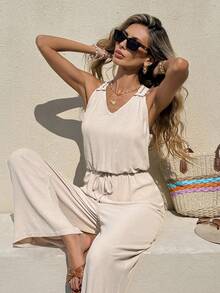 Serisse 女士纯色打结褶皱休闲日常连体裤 - 杏色 - 查看 5