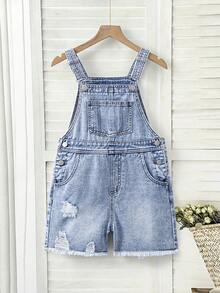 少女休闲时尚简约做旧牛仔背带短裤和连体裤 - 藍色 - 查看 3