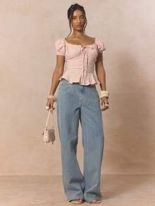 MUSERA Blusa con detalle de volantes, cuello de escote barco, mangas con pétalos y encaje, ideal para primavera y vacaciones, estilo dulce y femenino - Rosa - Ver 5