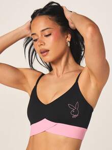 Missguided x Playboy Women Two Piece Sports Bra And Shorts Set With Bunny Logo Pink Color Block Contrast Athletic Coordinating Set For Summer - Black - View 5