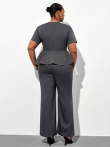 SHEIN Clasi Plus Size Minimalist Black & Grey,Summer,Elegant,Semi Formal Shirt And Flare Pants 2 Pieces Set,Women Business Professional Office Wear Work Outfits - Grey - View 3