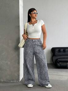Jeanoix Y2K Streetwear Casual Plus Size Leopard Print Baggy Jeans - Multicolor - View 3