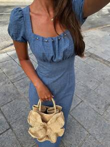 Selianne 1pc Women's Spring/Summer Beaded Ruched Collar Fitted Casual Vacation Everyday Denim Effect Dress - Lake Blue - View 1