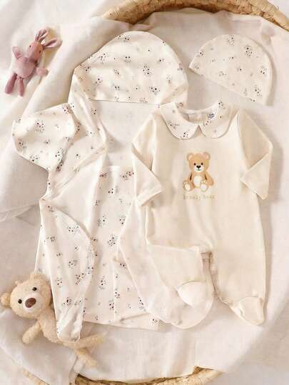 SHEIN Conjunto de 4 piezas de mono con estampado floral de corazones y osos