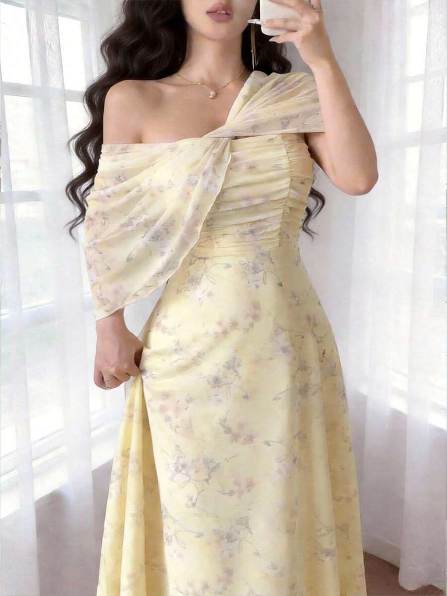 Feyla 女士印花扭结不对称领口优雅中长连衣裙 - 淡黃色 - 查看 1