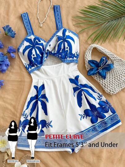 SHEIN PETITE CURVE Bộ áo liền quần cỡ lớn dành cho nữ, in hình cây cọ, kiểu xoắn phía trước.