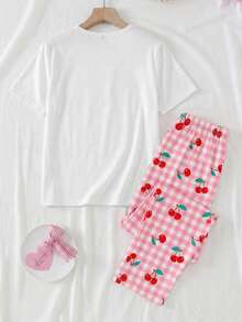 2件套少女休闲樱花蝴蝶结印花白色圆领上衣和宽松粉色格子樱花图案针织面料柔软舒适家居服短袖裤套装 - 粉色 - 查看 2
