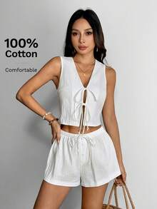 SHEIN PETITE Women's 100% Cotton 2 Pieces Set White Summer Boho Vacation Holiday Solid Color Tie Front Cropped Sleeveless Top And Shorts Casual Co Ord Outfit - White - View 12