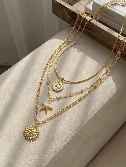 Resyla 3pcs/Set Summer Beach Holiday Starfish Sun Pendant Necklace, Fashionable Metallic Gold Tone Jewelry Chain For Women, Suitable For Daily Wear, Beach Travel, Date, Photo Shoot