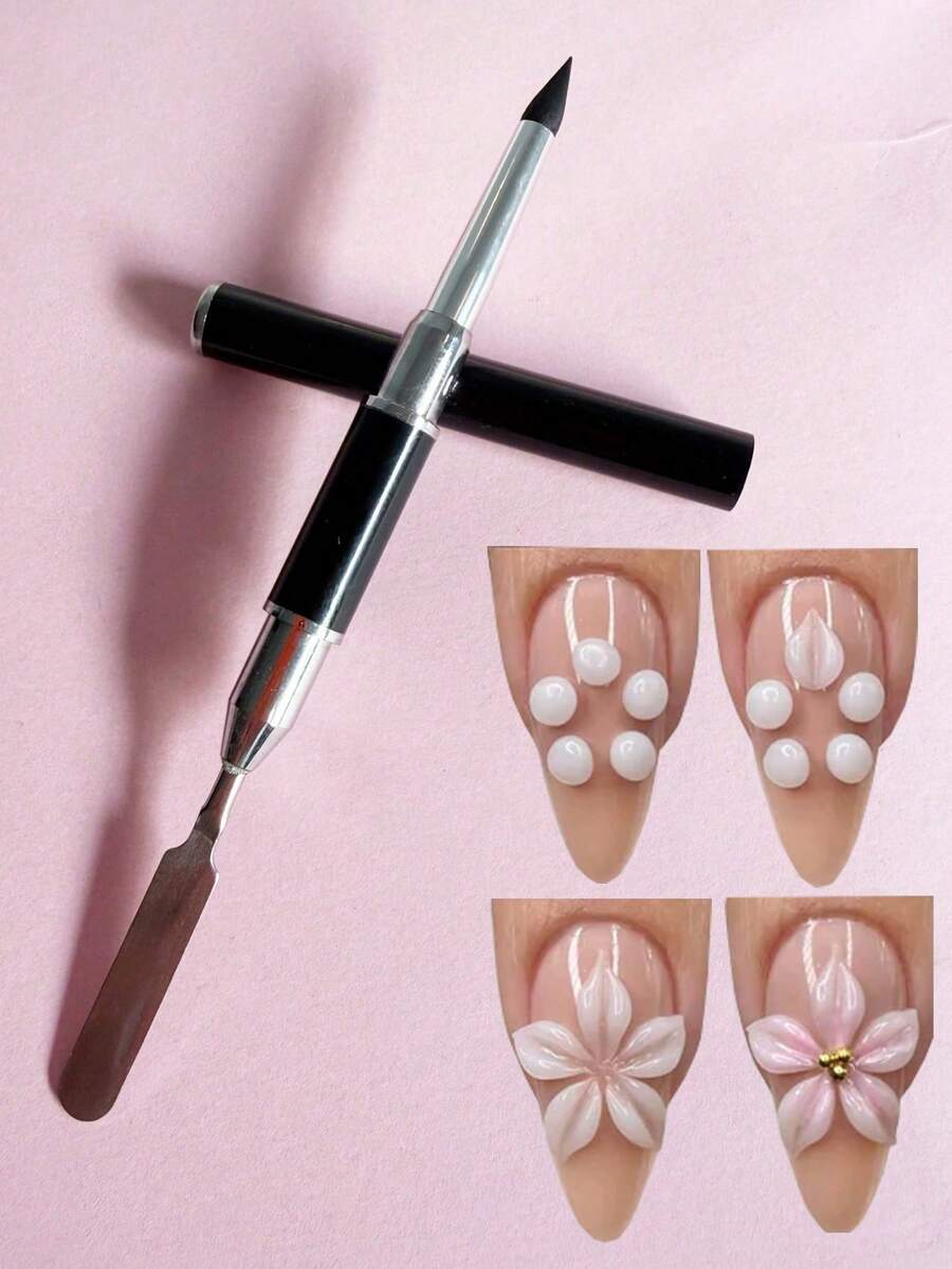 1支美甲硅胶笔，亚克力3D花朵雕刻点钻模具工具，切片勺，凝胶雕塑双头美甲DIY礼物，送给她的情人节礼物 - 彩色 - 查看 1