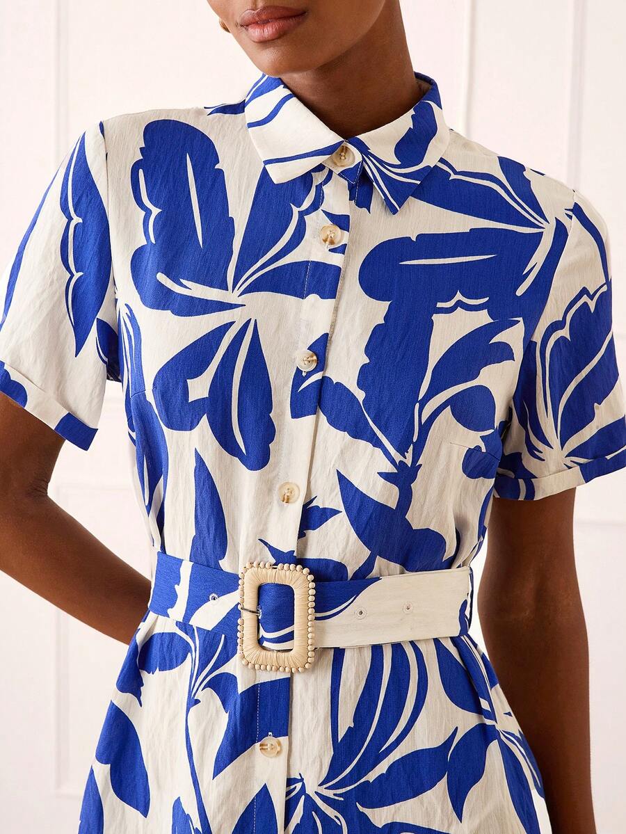 Lilora 女士优雅印花中长连衣裙 女士夏季连衣裙 蓝白图案连衣裙 中长衬衫裙 女士休闲连衣裙 带腰带衬衫裙 印花连衣裙 中长连衣裙 女士连衣裙 女式连衣裙 - 藍色 - 查看 1